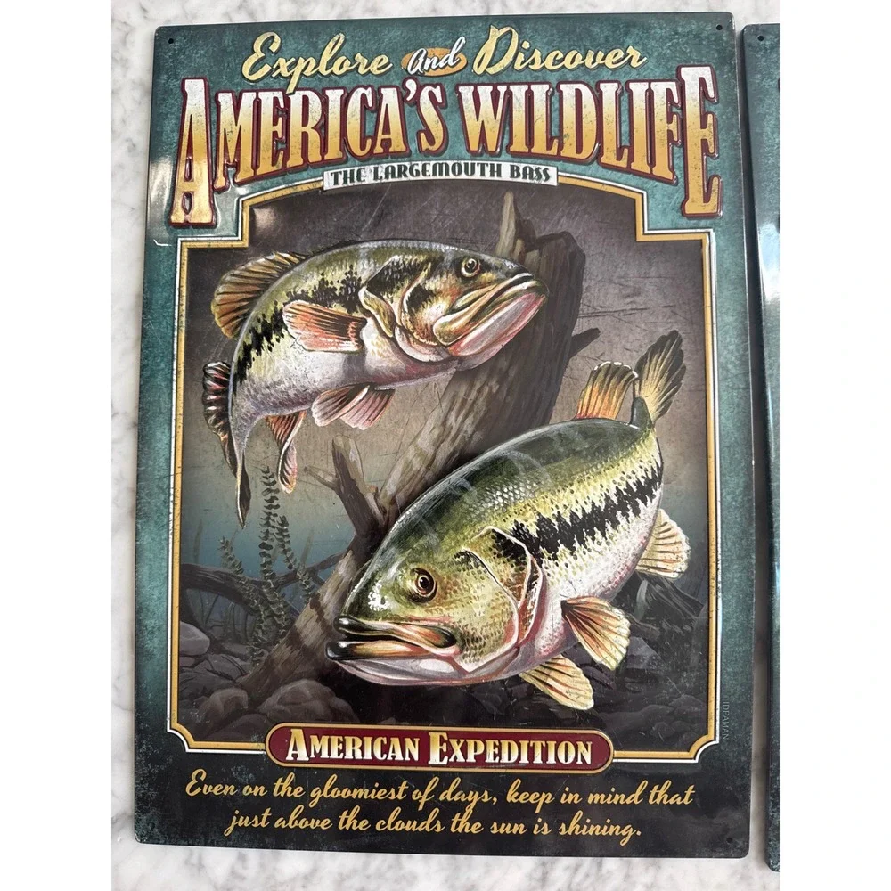 American Expedition Wildlife Tin Signs Set Largemouth Bass Rainbow Trout 16x12.5
